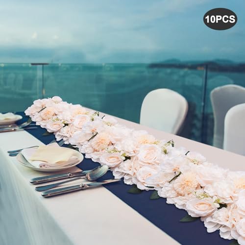 10 Pcs Wedding Dining Table Flower Centerpiece 20.5x11 Inch, Champagne Silk Rose Flower Arrangement For Table Reception Decorations, Artificial Centerpiece For Kitchen Living Room Home Decor