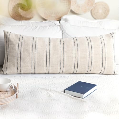 AELS 14x36 Decorative Lumbar Throw Pillow Covers, Farmhouse Linen Textured Long Pillow Case, Beige with White & Gray Stitch Boho Cushion Cover for Couch Living Room (Cover ONLY) - color: Beige With White & Gray, size: 36" x 14" (Pack of 1)