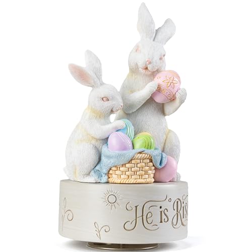 AIDLNS Christian Easter Bunny Music Box – He is Risen Religious Figurine with Cross Hope Faith Love Engraving Wind Up Music Box Play Easter Parade