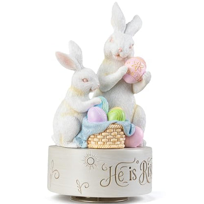 AIDLNS Christian Easter Bunny Music Box – He is Risen Religious Figurine with Cross Hope Faith Love Engraving Wind Up Music Box Play Easter Parade