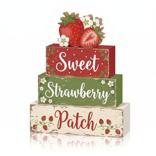 Britimes Tiered Tray Decor Set, 4 Pack Wooden Table Signs, Strawberry Fruit - style: Strawberry