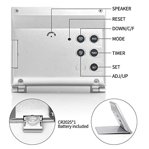Betus Digital Travel Alarm Clock - Foldable Calendar Temperature Timer LCD Clock with Snooze Mode - Large Number Display, Battery Operated - Compact Desk Clock(Silver, No Backlight) - color: Silver Pack of 1