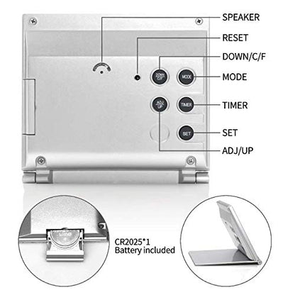 Betus Digital Travel Alarm Clock - Foldable Calendar Temperature Timer LCD Clock with Snooze Mode - Large Number Display, Battery Operated - Compact Desk Clock(Silver, No Backlight) - color: Silver Pack of 1