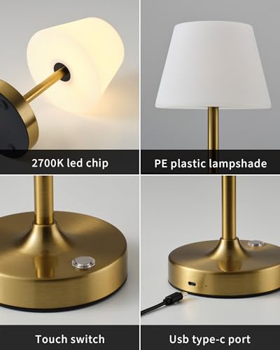 PUSU Cordless LED Gold Small Table Lamp, Waterproof Shower Desk lamp - color: Electroplated Gold (Metal + PE Plastic)