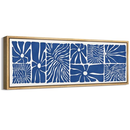 MUDECOR Large Framed Canvas Print Wall Art Indigo Impressions Bold Blue Abstract Floral Illustrations Antique Retro Fine Art Illustrations Decorative Colorful for Bedroom - 60"x20" - color: A06-2402-na25, size: 60"L x 20"W