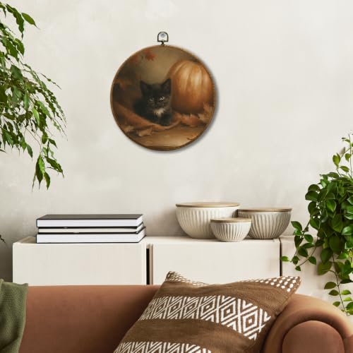 JUIOEIU Fall Black Cat Pumpkin Maple Leaf Round Wall Decor 10x10in 991 - color: Black Cat Pumpkin