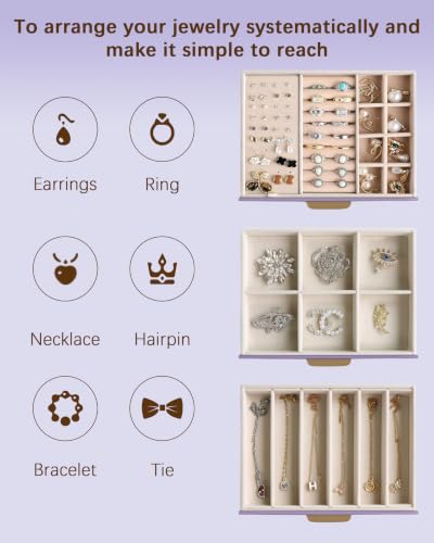 Homeanda Jewelry Boxes Organizer with Glass Lid, 3-Layer PU Leather, Purple - color: Lavender Purple, size: 3 Layer