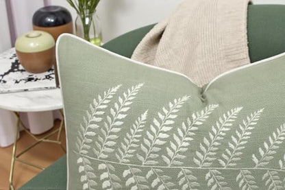 Rudransha Botanical Fern Leaf Embroidery Lumbar Pillow Cover - 12x18 Light Green Cotton - color: Light Green-ferny, size: 18" x 12" (Pack of 1)