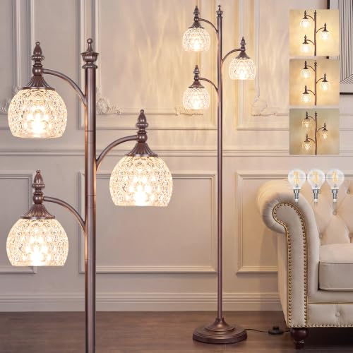 JUNNAI Brown Floor Lamps for Living Room 66.5in Vintage Standing Lamp with Glass Shade 3 Way Brightness Lights Mid Century Modern Pole Lights Corner Lamp for Bedroom Office(Bulbs Included) - color: Brown-3