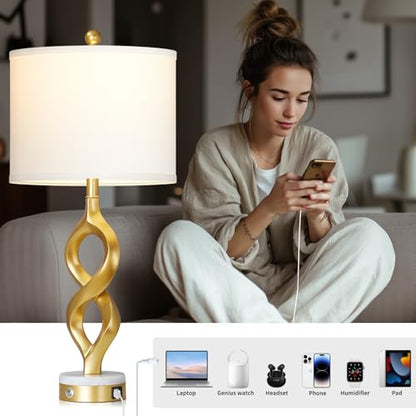 Cinyirong 30" White and Gold Table Lamp for Living Room, Modern Touch Control Bedside Lamp for Bedroom, 3-Way Dimmable Sculptural Resin Nightstand Lamp with USB A+C Ports and 1 LED Bulb (1 Pack) - color: White & Gold (1 Pack)