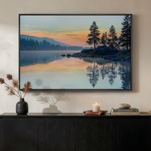 Framed Sunset Mountain Lake Landscape Wall Art for Living Room, 24x36 Inch - color: Red Blue, size: 36"L x 24"W