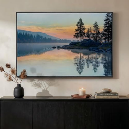 Framed Sunset Mountain Lake Landscape Wall Art for Living Room, 24x36 Inch - color: Red Blue, size: 36"L x 24"W