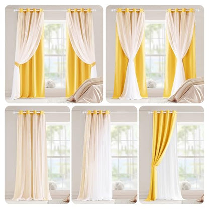 Lemon Yellow Blackout Curtains with White Sheer Overlay for Girls Bedroom - color: Lemon Yellow, size: 52"W x 84"L (Pack of 2)