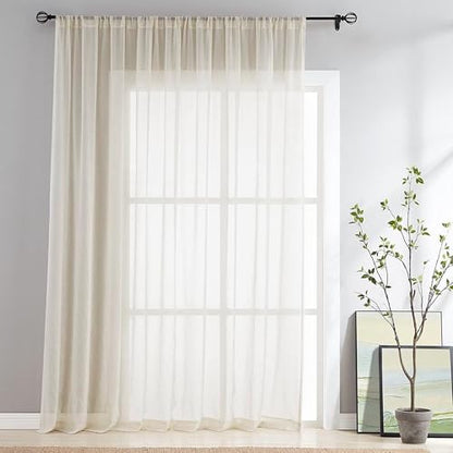 FMFUNCTEX Beige Linen Sheer Curtains,100X84 Inches, Extra Wide, 1 Panel - color: Rod Pocket| Natural, size: 100"W x 84"L (Pack of 1)