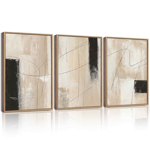 KUVIOKE Abstract Framed Wall Art Minimalist Beige Pastel Watercolor Neutral Wall Decor Modern Black Line Art Painting for Bedroom Dining Room 12x16in (Natural Framed) - color: Line Abstract, size: 12 x 16in x 3 Panels Natural