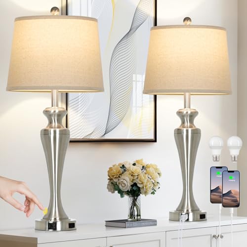 30" Silver Table Lamps Set of 2, 3-Way Dimmable Touch Living Room Lamp with USB A+C Ports and AC Outlet, Modern Brushed Nickel Bedroom Lamps, Tall Metal Bedside Lamp for Nightstand Side Table - color: Silver