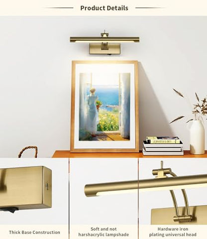 Battery Operated Picture Light with Remote,Wireless Gallery Lights Brass 12in Rechargeable Display Light with Flexible Swing Arm,Dimmable Wall Sconce for Artwork on Wall - color: Model A-Brass