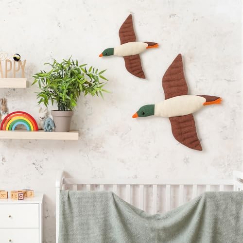 Hungdao 2 Pcs Mallard Duck Nursery Wall Decor Felt Duck Wall Art Rustic Flying Birds Hanging Decor for Nursery Bedroom Living Room