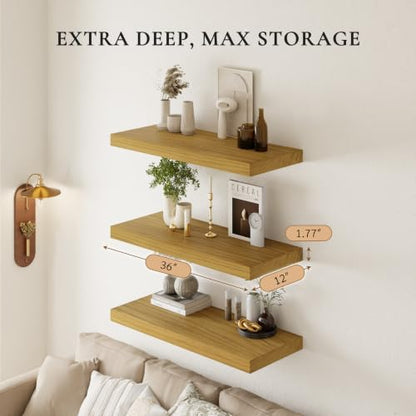 36" Extra Deep Floating Shelves, Set of 3, Natural Wood - color: Natural, size: 3T36IN
