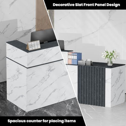 78.7"Reception Desk with Vertical Slat Panels for Office, Salon & Lobby - color: White Marble/Blue-gray Marble, size: 78.7''L x 23.6''W x 39.3''H
