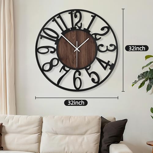 Maxstar Large Round Wall Clock for Living Room Decor Battery Operated Non Ticking Black Metal Wood Clocks for Home Living Room Garden Farmhouse Office Kitchen Decoration -32 inch - color: Black-arabic Numerals, size: 32 Inch
