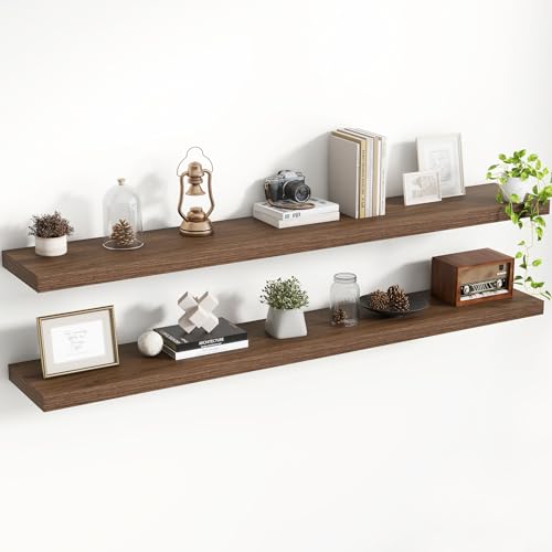 Acovy 55 Inch Floating Shelves, 8 Inch Deep Floating Shelves for Wall, Hanging Shelf with Invisible Brackets, Deep Shelves for Bathroom, Bedroom, Living Room, Walnut, Set of 2 - color: Walnut, size: 8"Wx55"L-2pcs