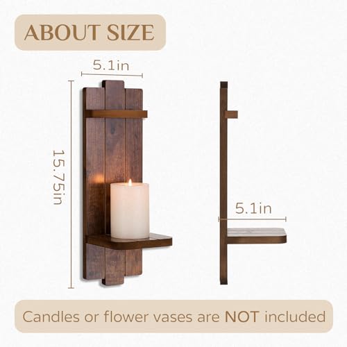 Wood Wall Candle Sconces Set of 2, Distressed Brown - color: Brown, size: 15.7in x 5.1in