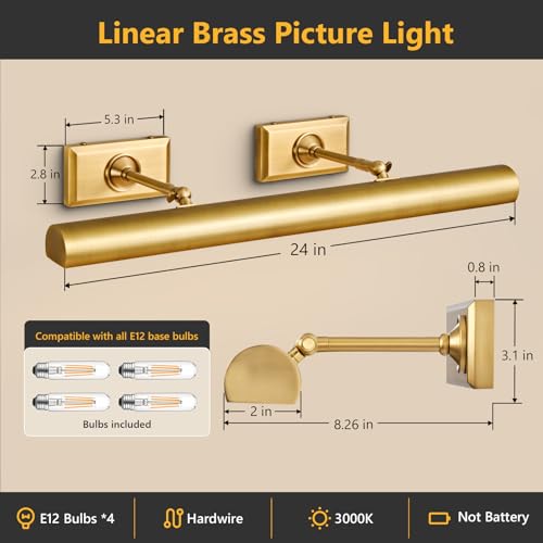 24 inch Brass Picture Light Hardwired Picture Light for Wall - color: Brass, size: 24in