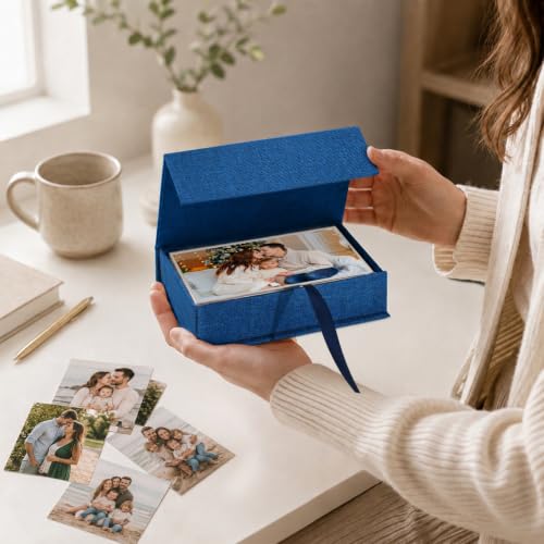 Vienrose Small Photo Storage Box, 4"x6", Linen Postcard Keeper, Dark Blue - color: Navy Blue, size: 4"x6"