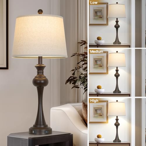 Cinyirong Brown Touch Table Lamps,28.75" Tall Bedside Lamps with USB C+A Ports, 3-Way Dimmable Table Lamp, Nightstand Lamps for Bedroom, Living Room，Brown Lamps with Beige Lampshade, Bulb Included - color: Brown-1pack