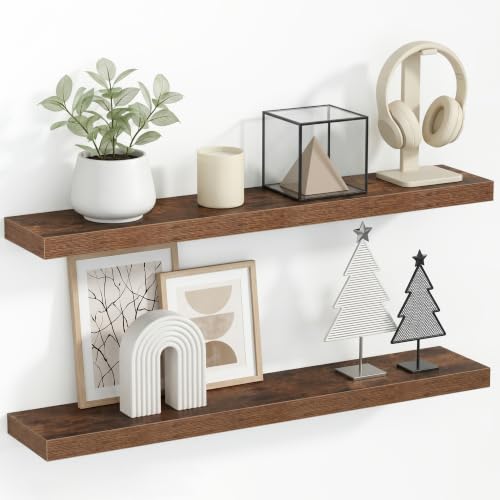 1.5" Thick Floating Shelves for Wall, 36"x6.5" Wall Mounted Shelf, Wall Storage Shelf,No Sag,Easy Install Wood Grain Shelf for Bedroom, Kitchen, Living Room & Hallway,Rustic Brown,Pack of 2 - color: Rustic Brown, size: 36"x 6.5"-Pack of 2
