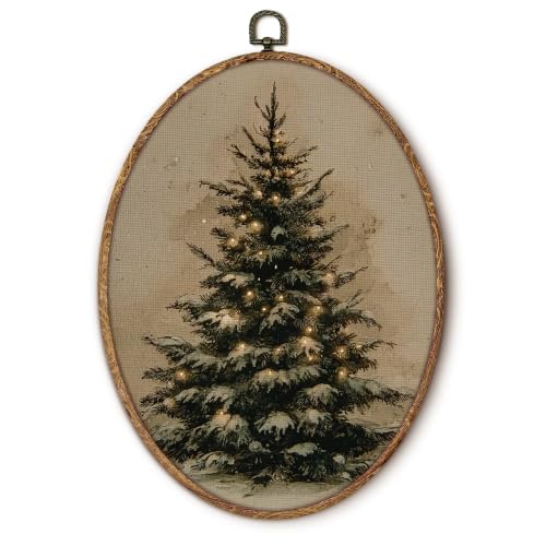 Yorhifa Vintage Christmas Tree Framed Wall Art, Winter Rustic Pine Tree Oval Wall Art, Antique Winter Xmas Oval Walls Decor, Farmhouse Christmas Holiday Canvas Artwork Hanging Decor, 8.5x11.5in - color: vinatge christmas