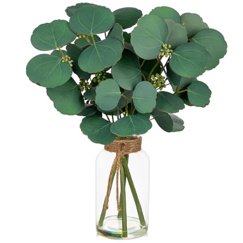 Artificial Eucalyptus Stems Fake Plants in Glass Vase with Faux Water - color: Dark Green