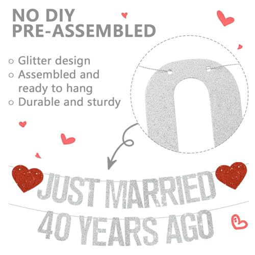 Silver Glitter Just Married 40 Years Ago Banner,NO DIY,Pre-Strung 40th Wedding Anniversary Party Decorations 40 Years Blessed & Loved Garland Sign We Still Do 40th Party Supplies - color: 40silver