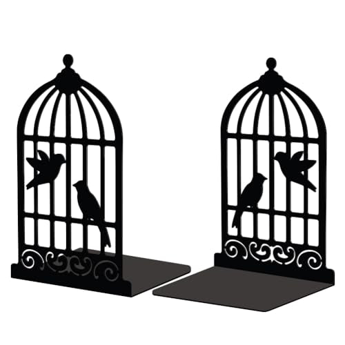 Peacoblue 5.3"x4.3"x7.9" Metal Bookends, Heavy Duty Book Ends for Shelves - color: Birdcage and Bird