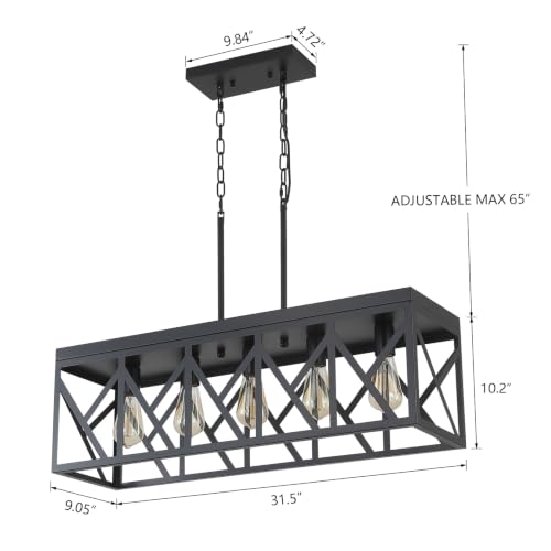 Rustic Farmhouse Metal Kitchen Island Lighting, 5 Lights Rectangular Pendant Light Fixture, Adjustable Rods Modern Metal Linear Chandelier for Kitchen Island Farmhouse Dining Room, Black - size: Large 5 lights