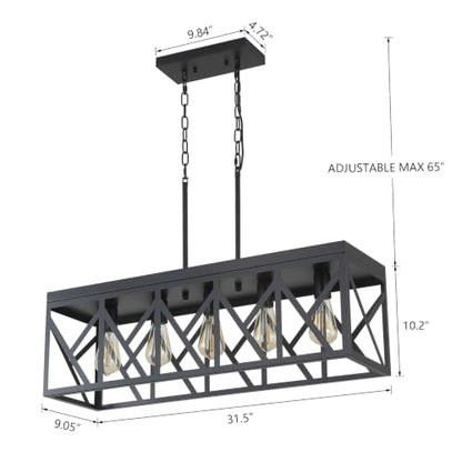 Rustic Farmhouse Metal Kitchen Island Lighting, 5 Lights Rectangular Pendant Light Fixture, Adjustable Rods Modern Metal Linear Chandelier for Kitchen Island Farmhouse Dining Room, Black - size: Large 5 lights