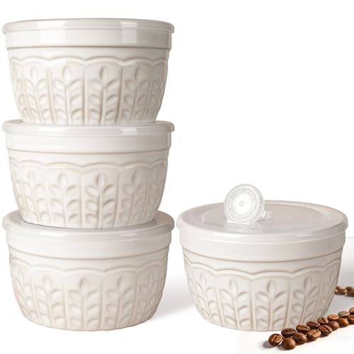 Artena Meal Prep Containers 22 OZ, 4 Pack Snack Containers, Reusable Food Storage Containers With Lids For Soup Yogurt Oatmeal Lunch Breakfast, Ceramic Cereal Bowls (White, Wheat Leaf) - size: 5.15 inch (Wheat Leaf, White)