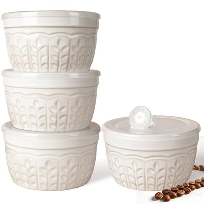 Artena Meal Prep Containers 22 OZ, 4 Pack Snack Containers, Reusable Food Storage Containers With Lids For Soup Yogurt Oatmeal Lunch Breakfast, Ceramic Cereal Bowls (White, Wheat Leaf) - size: 5.15 inch (Wheat Leaf, White)
