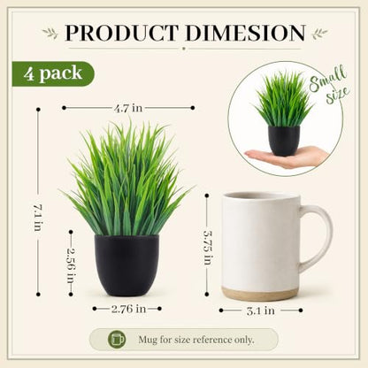 Der Rose 4 Pack Mini Fake Plants in Black Pots, 7" Bathroom & Desk Decor - color: Green