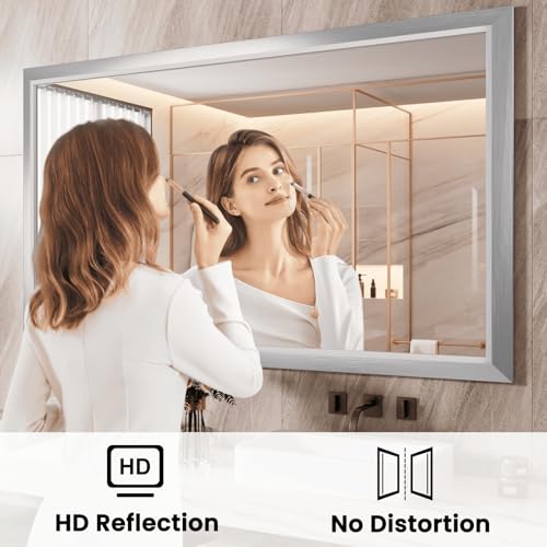 Amorho Bathroom Mirror for Wall 48x40 Inch, Brushed Silver Metal Framed - color: Silver, size: 48"L x 40"W