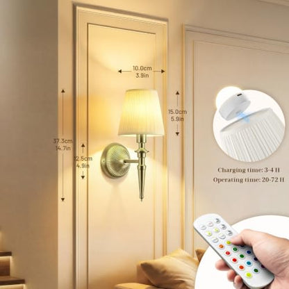 Battery Operated Wall Sconces Set of 2, Wireless Wall Lights with 12 RGB Colors and 3CCT Dimmable, Small Fabric LED Wall Lamps for Bedroom, Living Room, Hallway, Brass - color: Brass