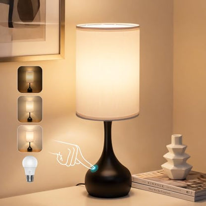 ONEWISH Touch Bedside Lamp for Bedroom, 3-Way Dimmable Table Lamps for Nightstand, White Fabric Shade Desk Lamp for Kids Reading, Living Room, Home Office - color: White Linen Drum Shade & Black Base