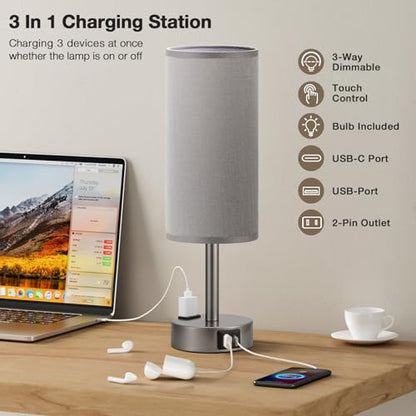 Fenmzee Grey Bedside Lamp for Bedroom, Dimmable Touch, USB A+C, AC Outlet - color: Grey - Grey, size: 14"
