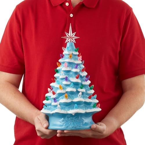 Casafield Hand Painted Ceramic Christmas Tree, Blue Snow Flocked 15-Inch Pre-Lit Tree with 128 Multi Color Lights and 2 Star Toppers - color: Blue Snow Flocked