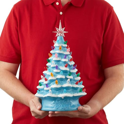 Casafield Hand Painted Ceramic Christmas Tree, Blue Snow Flocked 15-Inch Pre-Lit Tree with 128 Multi Color Lights and 2 Star Toppers - color: Blue Snow Flocked