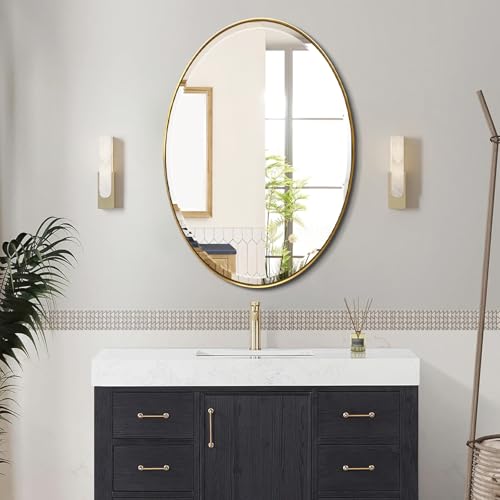 POZINO 30"x22" Brush Gold Oval Beveled Bathroom Mirror for Over Sink - color: Gold Round, size: 30"L x 22"W