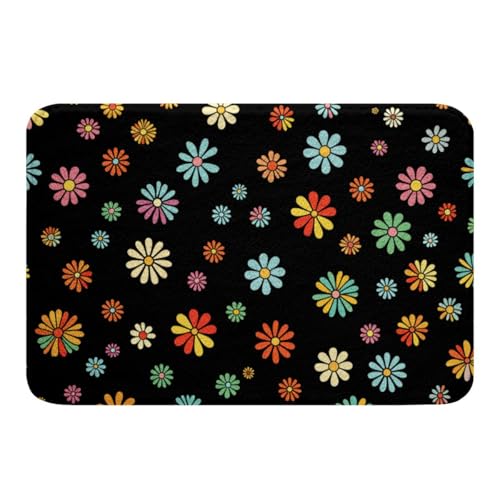 jejeloiu Retro Colorful Daisy Bathroom Rugs Microfiber 16"x24" Botanical Floral Printed Bath Mats Non-Slip Blossom Flowers Pattern Bathroom Accessories Natural Theme Floor Doormats Soft Door Mat - color: Black Yellow Blue, size: 16"x24"