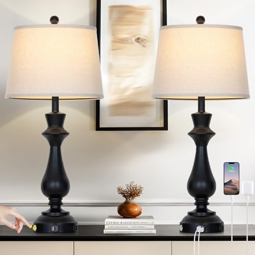 Cinkeda Touch Lamps for Night Stands Set of 2-29.5" Tall Bedside Lamp with USB C+A, 3 Way Dimmable Bedroom Lamps, Black Metal Table Lamps for Living Room - color: Black