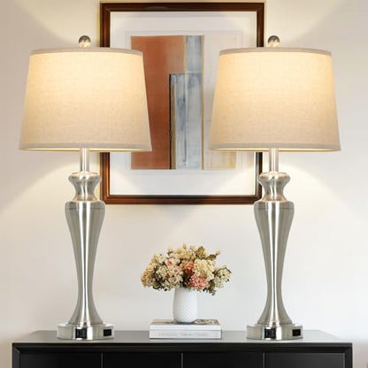 30" Silver Table Lamps Set of 2, 3-Way Dimmable Touch Living Room Lamp with USB A+C Ports and AC Outlet, Modern Brushed Nickel Bedroom Lamps, Tall Metal Bedside Lamp for Nightstand Side Table - color: Silver